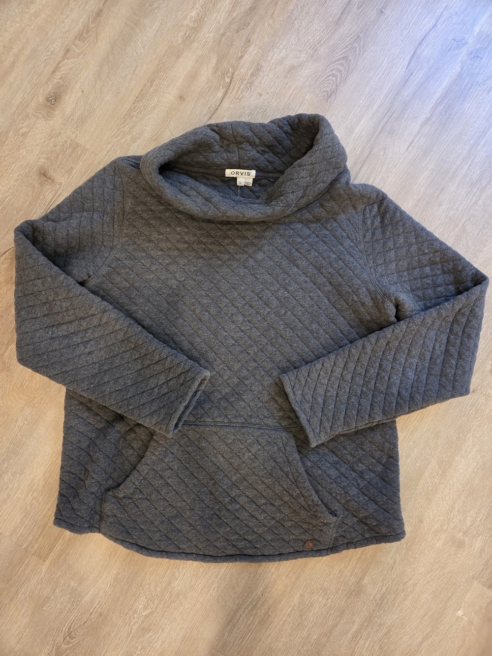 Orvis Women's Gray Quilted Funnel Neck sweatshirt.